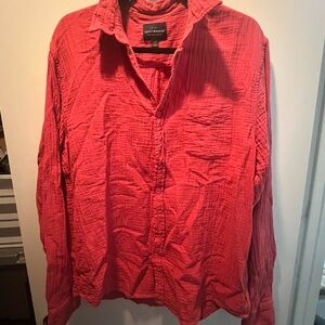 LUCKY BRAND Button Up Dress Shirt Men's L Red Orange Pleated Long Sleeve